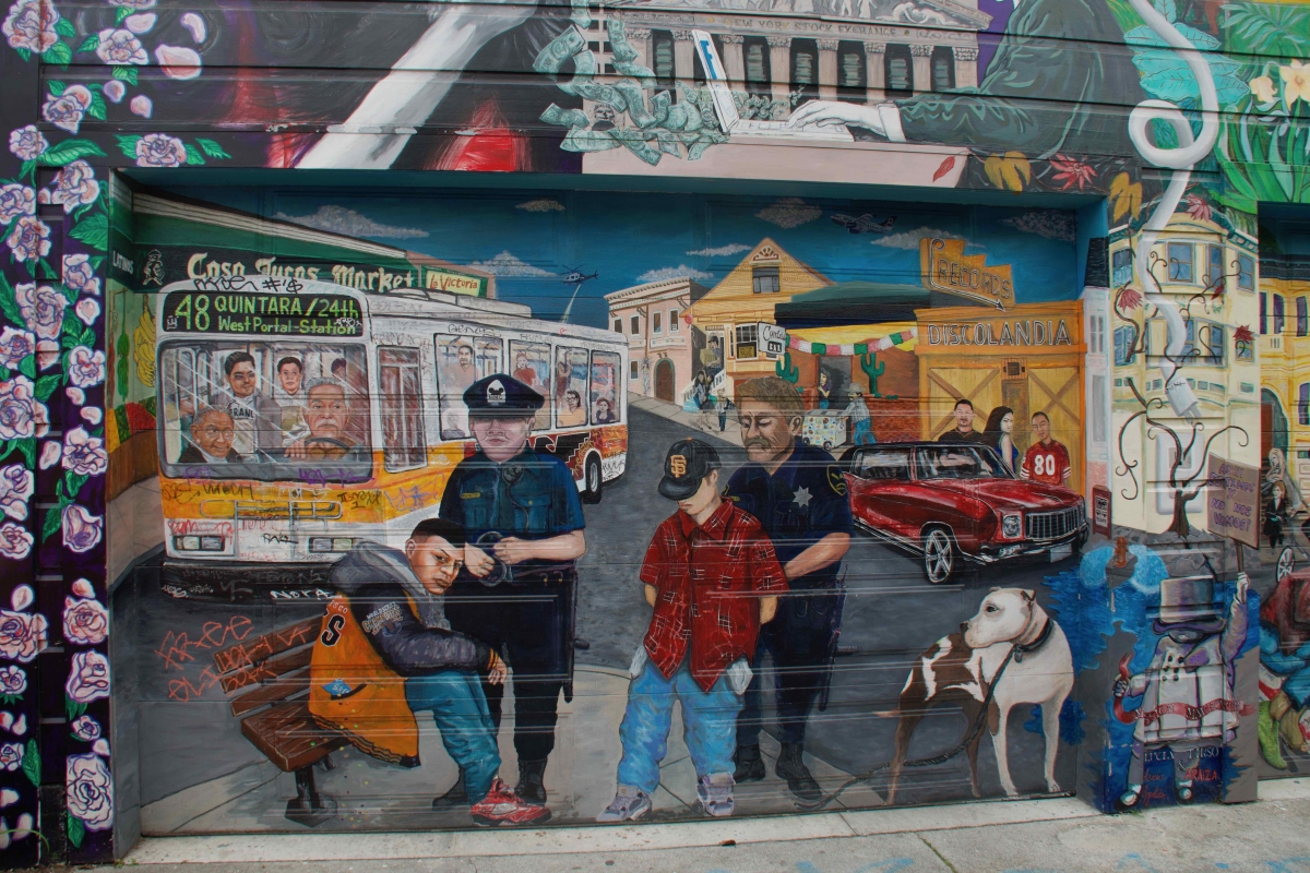 The only place the 48 Quintara/24th St. bus was still “running” on April 8 was in “Mission Makeover,” a mural completed in 2012 by Lucia Ippolito and Tirso Araiza on Balmy Alley.