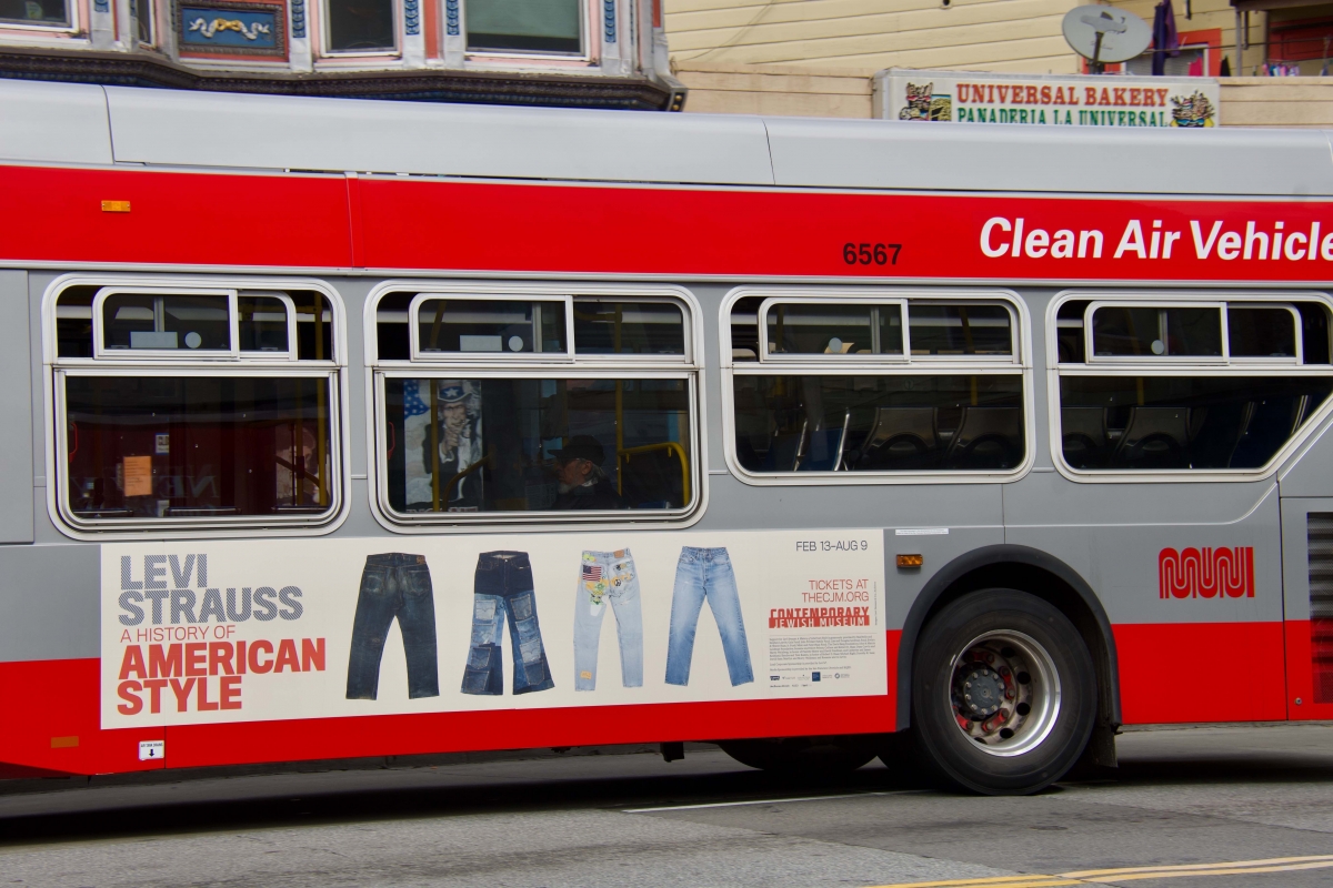 A 14 Mission bus displays an ad for the Levi Strauss exhibit at the now-closed Contemporary Jewish Museum. The 14 was one of the few routes still running in San Francisco on April 10, after drastic service cuts on April 8. 