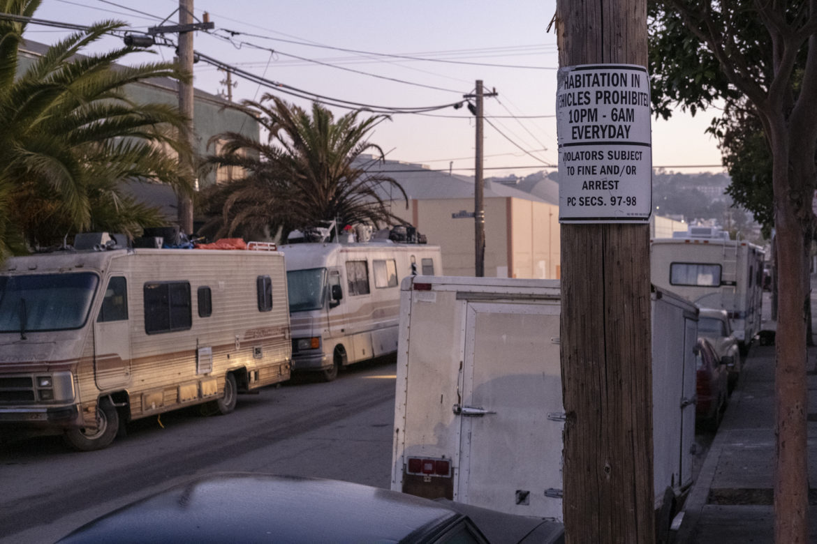 A vehicle home is parked in Bayview. In San Francisco, biennial counts have tracked a rise in people living in vehicles. In 2015, 13% of the homeless were observed living in vehicles. That fraction rose to 28% in 2017 and to 35% in 2019.