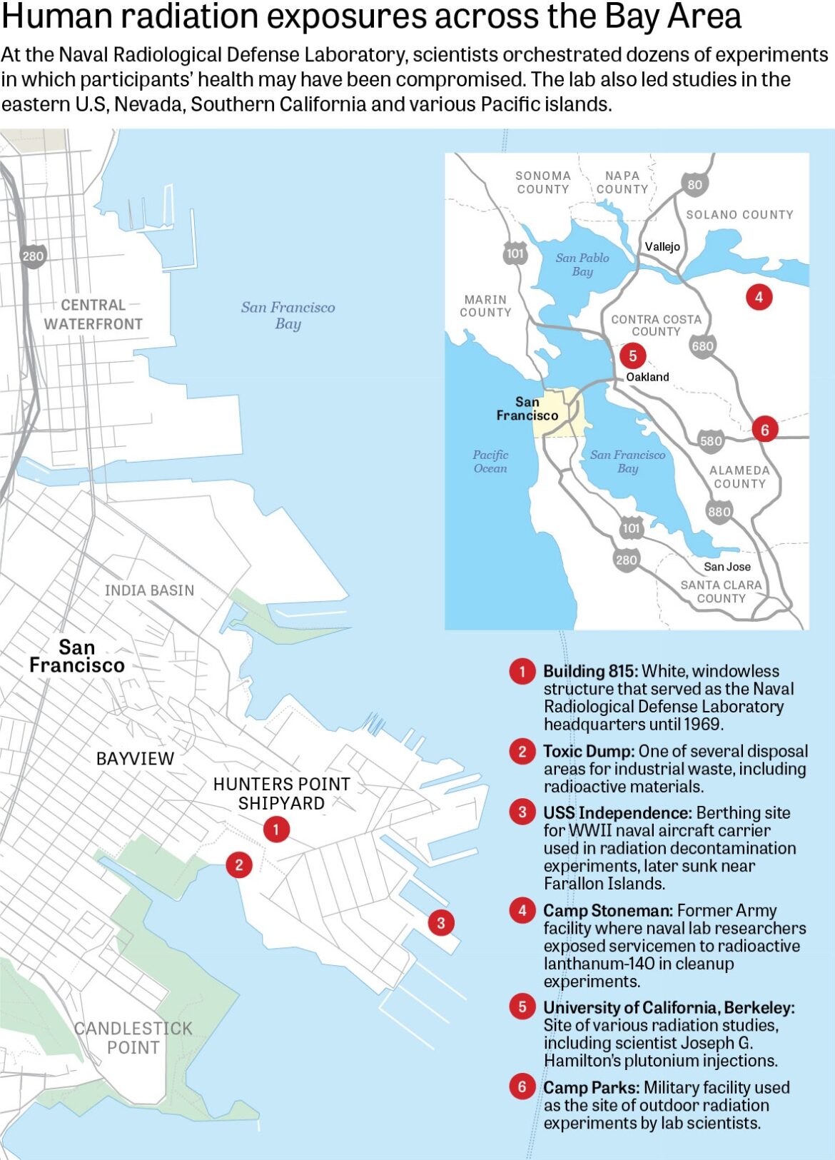 Locator map. Title: Human radiation exposures across the Bay Area. Description: At the Naval Radiological Defense Laboratory, scientists orchestrated dozens of experiments in which human health may have been compromised. The lab also led studies in the eastern U.S., Nevada, Southern California and various Pacific.