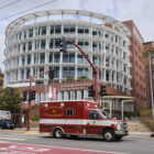 An ambulance passes in front of the Zuckerberg San Francisco General Hospital and Trauma Center.